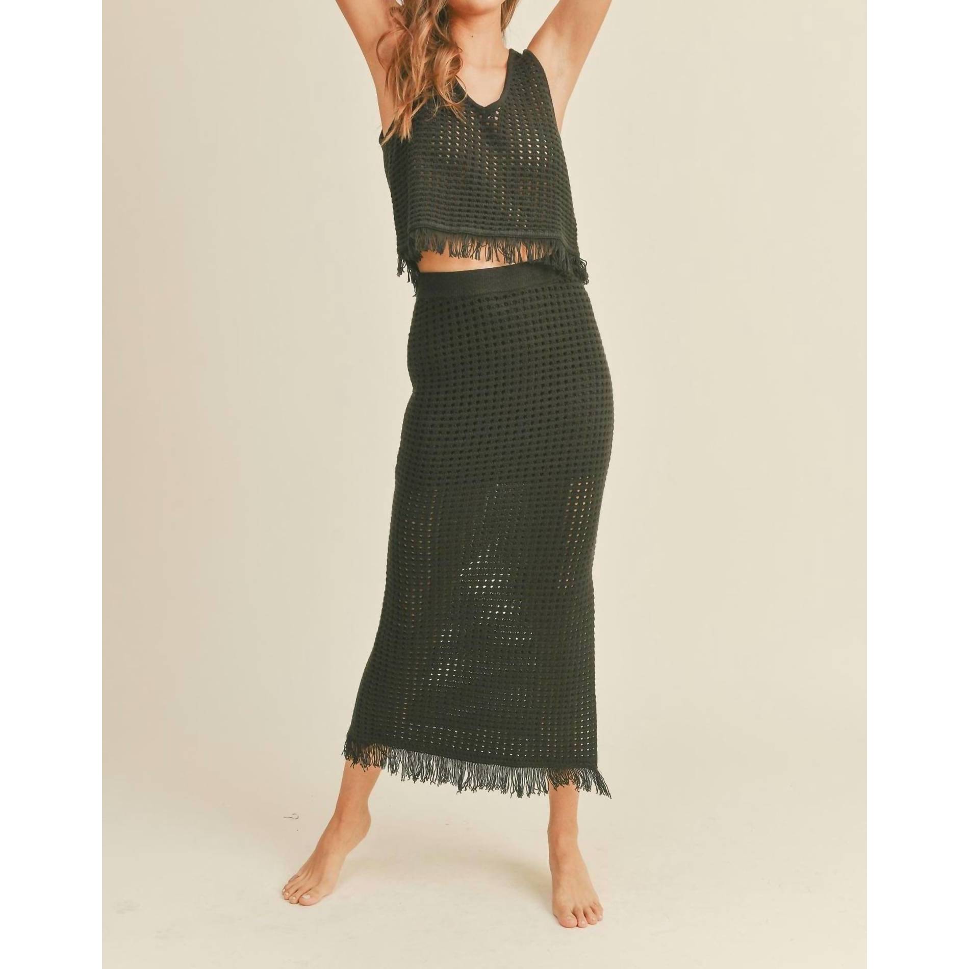 New Miou Muse Crochet Knitted Tassled Skirt And Matching Tank Top In Black